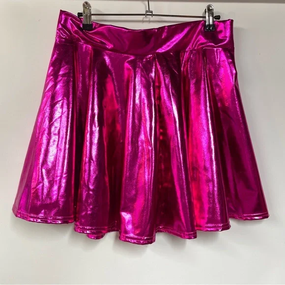 Hot Pink Metallic Futuristic Festival Cybercore Mini Skater Skirt Zenon Costume - Picture 2 of 6